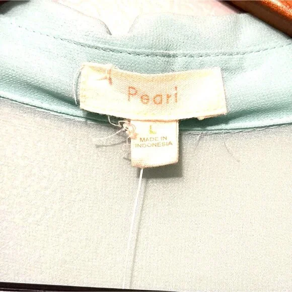 Y2K Light Aqua Sheer Button-Up Blouse Pockets & Roll-Up Sleeves By Pearl Size L - Picture 3 of 7